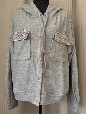 Light Gray Hooded Button Cardigan with Sequin Pocket Flaps & Shoulders w/Pockets